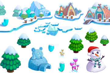 Illustration: Winter Snow Ice World Theme Elements Design Set 1. Game Assets. The House, The Tree, Ice, Snow, Snowman. Realistic Cartoon Style Elements / Illustrations / Objects / Game Assets Design. 