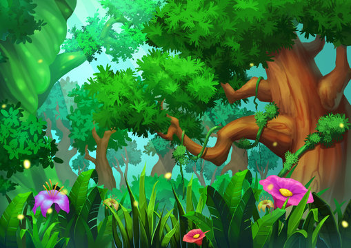 Illustration: The Virgin Forest with Green Trees, Grasses and Flowers. Realistic Cartoon Style Scene / Wallpaper / Background Design.