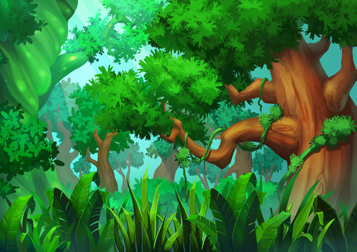 Illustration: The Primeval Green Forest. Realistic Cartoon Style Scene / Wallpaper / Background Design.
