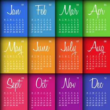 Colorful calendar 2016. Week starts Monday.