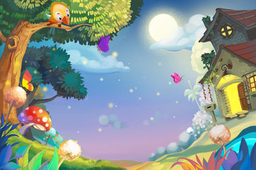 Obraz na płótnie Canvas Illustration: Amazing Night with FireFlies. Little Cottage with Warm Lights. Cute Bird on the Tree. Moon and Stars. Realistic Cartoon Style Scenery / Wallpaper / Background Design. 