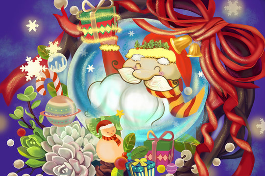 Illustration: Santa Claus in the Crystal Ball wish you Merry Christmas and Happy New Year! Holiday Theme. Realistic Cartoon Style Scenery / Wallpaper / Background Design.