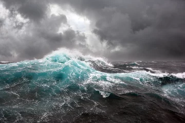 Foto op Plexiglas zeegolf en donkere wolken op de achtergrond © andrej pol