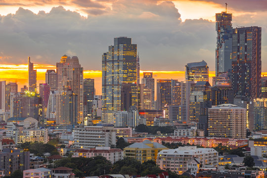 Bangkok business district at sunset, sunrise.