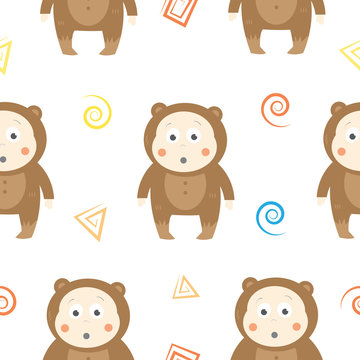Vector seamless pattern with cartoon children in suits. Little bears.