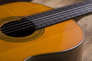 Close-up of classical guitar strings