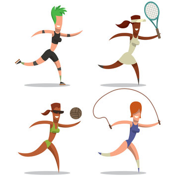 Vector Cartoon image of four women sportsmen: roller skater, tennis player with a racket, beach volleyball player with a ball and a gymnast with a rope on a white background.