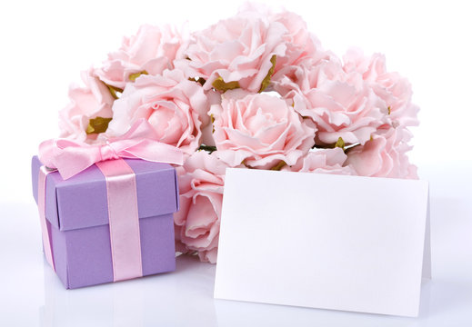 Blank Card With Pink Flowers And Gift