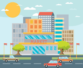 Supermarket or local store and cityscape background. Flat 