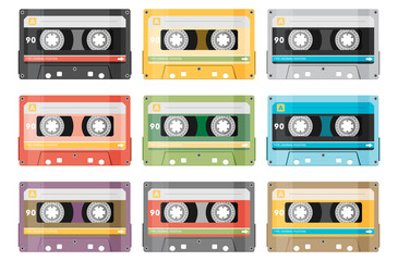 Set of various audio tapes in flat style