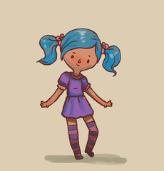 Vector Cute little girl with blue hair. Cartoon image of a cute little girl with blue hair in a purple dress and purple striped golfs on a light background.