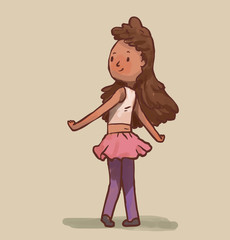 Vector Cute little girl. Cartoon image of a cute little girl with long brown hair in a pink skirt, a white top and purple tights on a light background.