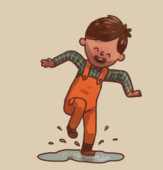 Vector Little boy in a puddle. Cartoon image of a little boy with brown hair in a green plaid shirt and orange overalls jumping on a gray puddle on a light background.