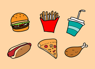 Fast Food Set, a hand drawn vector illustration of a set of fast food, isolated on a simple background (editable).