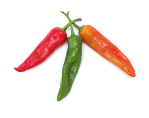 three colorful pepper pods on white isolated 