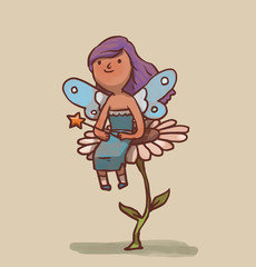 Vector cartoon image of a little fairy girl with purple hair in a blue dress and blue wings sitting with a magic wand in her hand on a white flower with green stem on a light background.
