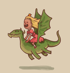 Vector cartoon image of a little princess with blonde hair in a pink dress and a golden crown on her head sitting astride a green flying dragon on a light background.