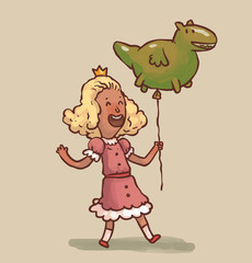 Vector cartoon image of a funny little princess with blonde hair in a pink dress and a golden crown, holding a green balloon in the form of a dragon on a light background.