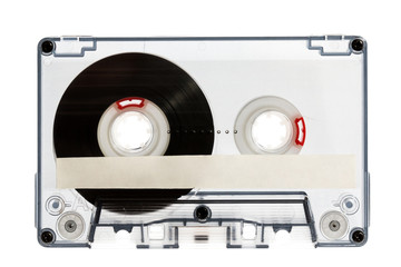 Close up of vintage audio cassette tape, isolated on white