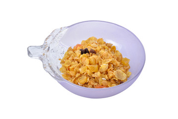 cereal mix with dried papaya, raisin, apple, peach in bowl on wh