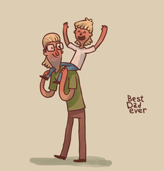 Vector cartoon image of a man with blond hair wearing glasses - dad and sitting on his shoulders a little boy with blond hair - son on a light background.