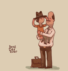 Vector cartoon image of a bald man with a brown mustache - dad holding on his hands a little boy with brown hair - son on a light background. 