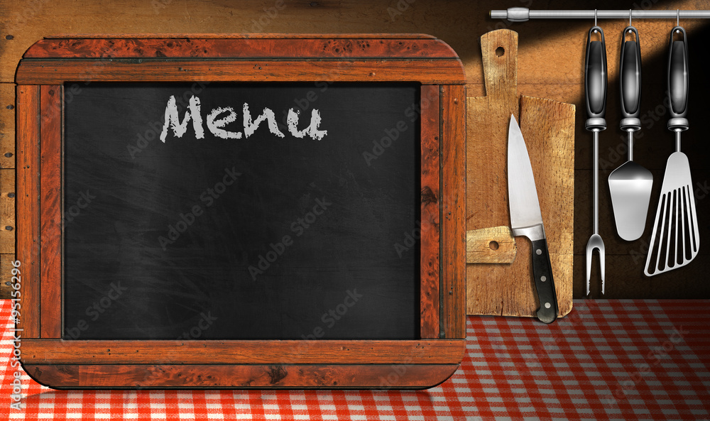 Poster blackboard menu in the kitchen / old empty blackboard with wooden rectangular frame and text menu in