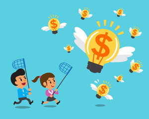 Cartoon business team running to catch money ideas