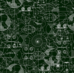 Math technical vector seamless pattern of formulas, geometrical figures, calculations, shuffled together. Scientific endless texture. You can use any color of background