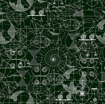 Math technical vector seamless pattern of formulas, geometrical figures, calculations, shuffled together. Scientific endless texture. You can use any color of background