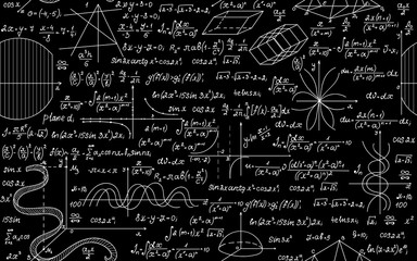 Mathematical vector seamless pattern with calculations, plots and task solutions. Scientific vector background