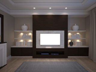 3D illusrtation of TV unit with shelves and backlight