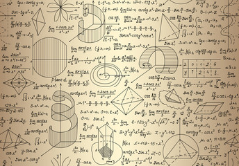 Math endless texture with mathematical formulas and calculations, "handwritten on the old paper"