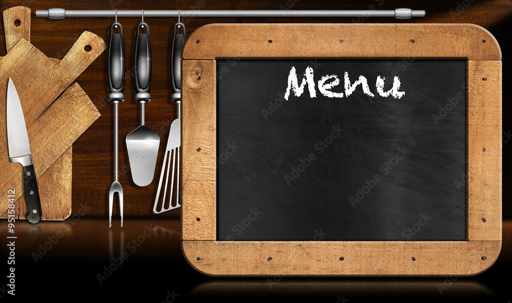 Poster blackboard menu in the kitchen / old empty blackboard with wooden rectangular frame and text menu in