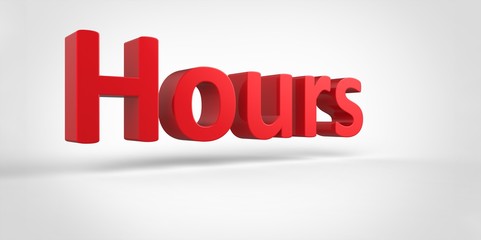 Hours 3D red text Illustration word Render isolated on White grey gray Background