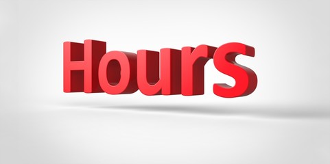 Hours 3D red text Illustration word Render isolated on White grey gray Background