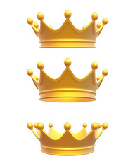 Golden king crown in three different positions for different purpose uses on white background