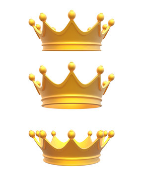 Golden king crown in three different positions for different purpose uses on white background