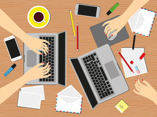Fototapeta na wymiar Women in the workplace. Top view of female hands, desk, laptop screen, stock vector illustration.