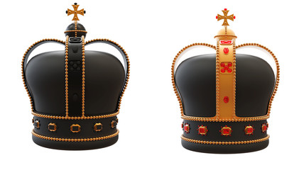 Beautiful King crown in black with gold and ruby decoration front and back pose on white background