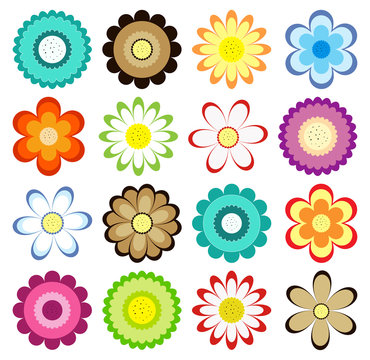 Set of colorful flowers icons. Vector collection for design greeting cards, stickers, fabrics, labels, gift wrapping paper and tags.