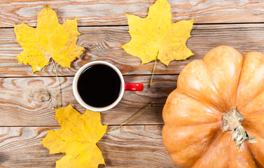 Coffee cup, notebook, autumn leaves and pumpkin.