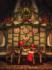 Pokój ze stołem i krzesłami ozdobiony świątecznymi girlandami i kolorowymi prezentami - obrazy, fototapety, plakaty