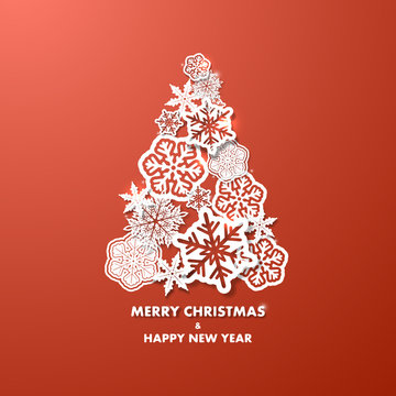 New year background with Christmas tree made of paper snowflakes
