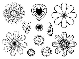 monochrome doodle flowers and leafs