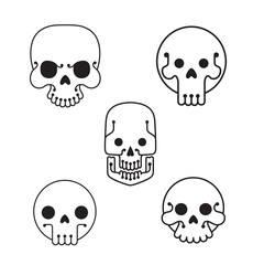 Vector Line skulls set. Line image of five human skulls of various shapes and sizes on a white background.
