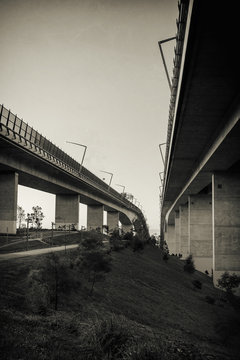Fototapeta The Gateway Bridge (Sir Leo Hielscher Bridges) at sunset in Brisbane, Queensland, Australia. Abstract black and white image.
