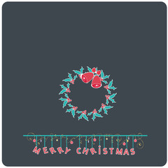 Minimalistic  flat design Merry Christmas e-card with mistletoe bells christmas wreath and christmas balls / bauble / ornaments,isolated