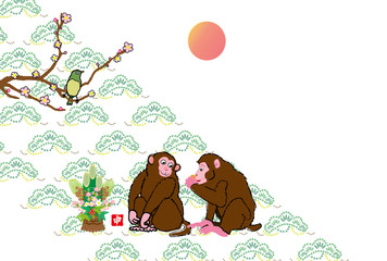 白背景の申年のかわいいサルと鶯のイラスト年賀はがき