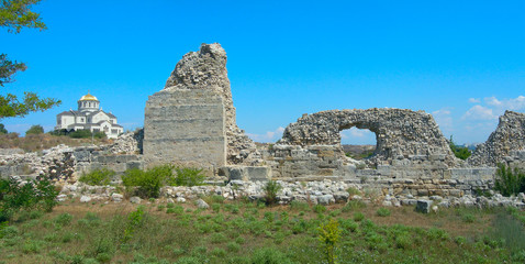 Fototapeta na wymiar View of Vladimir Cathedral in Tauric Chersonesos, Sevastopol, Crimea, Russia